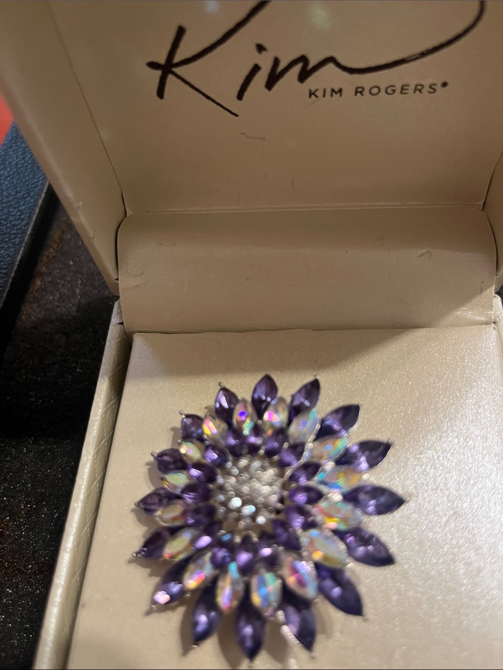 Kim Rogers Purple and Iridescent Crystal Floral Brooch
